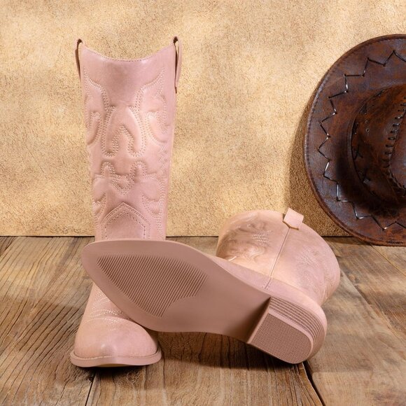 Women's Pink Pointed Toe Pull On Wide Calf Pu Chunky Low Heel Cowgirl Boots - Picture 4 of 8